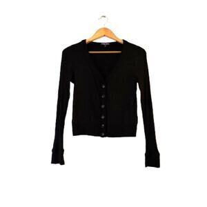David Lerner Womens Button Front Cardigan M Black Ribbed Knit V-Neck Long Sleeve